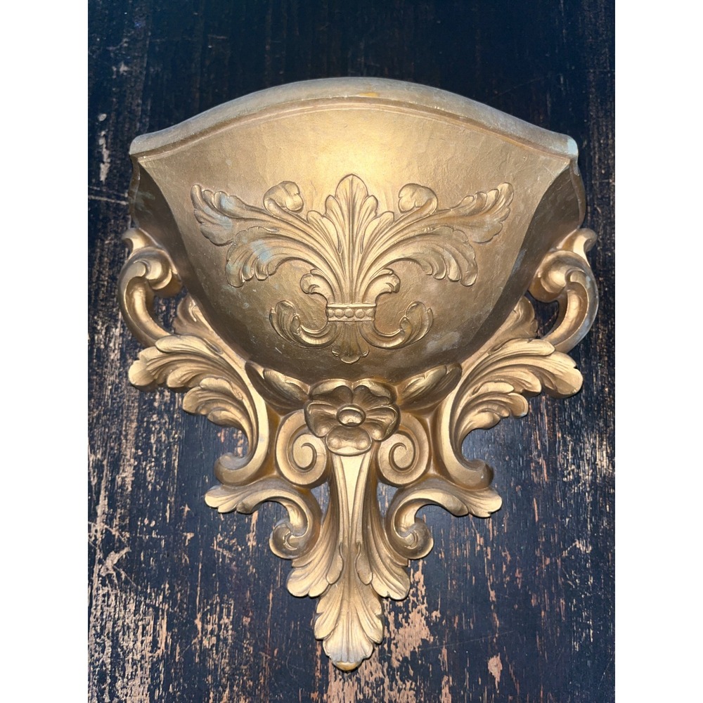 Vintage Gold Ornate Wall Pocket Shelf Scrolled Fleur De Lis Decorative Corbel
